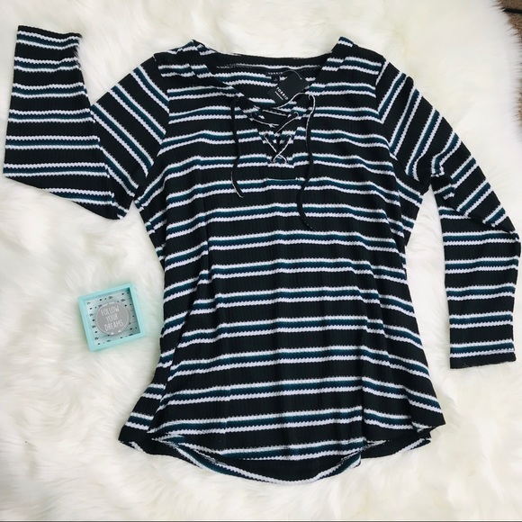 Torrid | Black Striped Long Sleeve Lace Up Henley - Picture 2 of 6